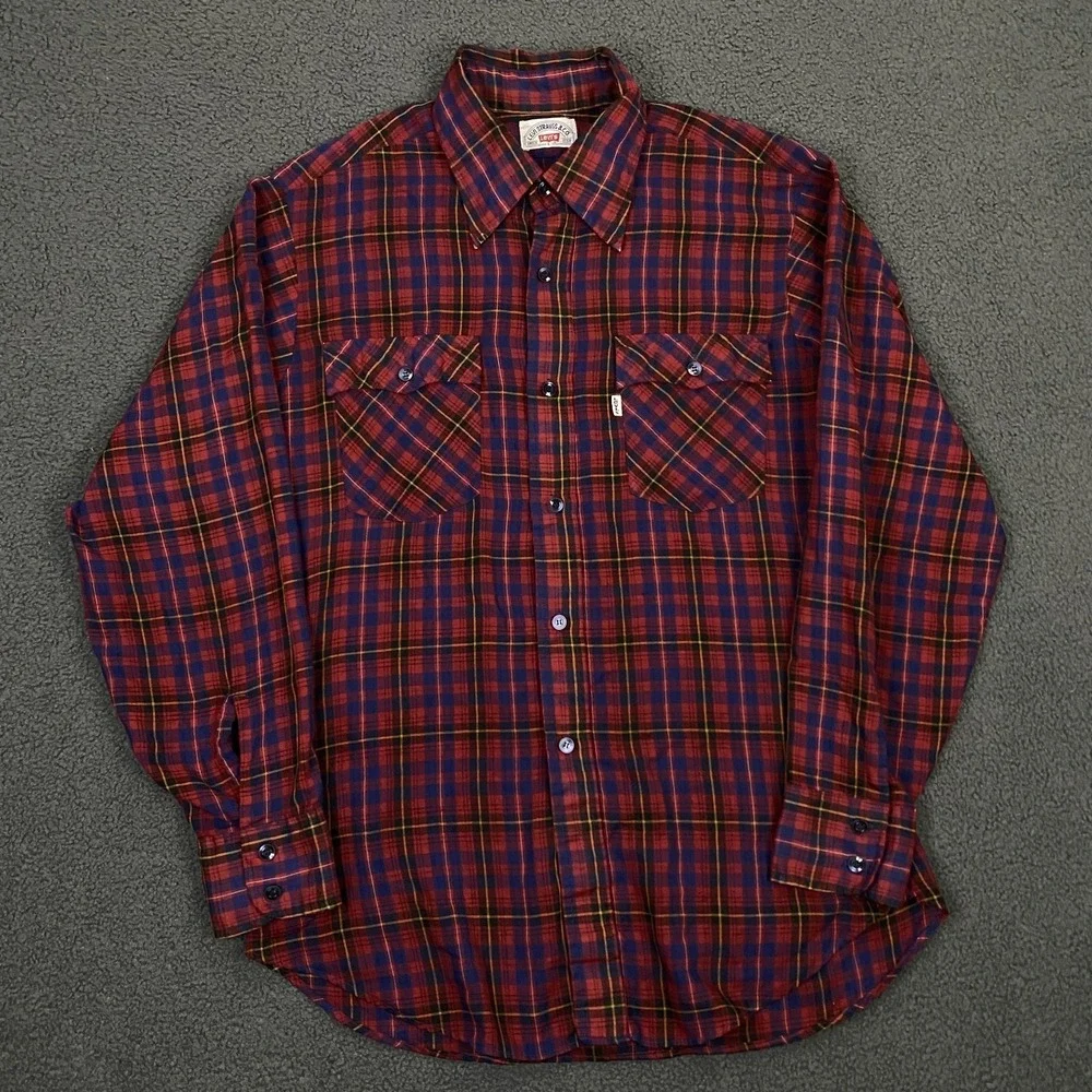 Vintage 70s 80s Levis Shirt Mens Large Red Plaid Western Button Up Flap Pocket